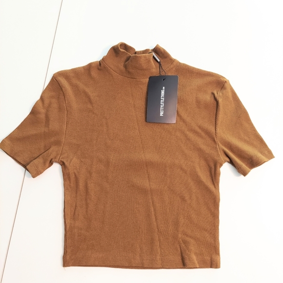 Camel Rib High Neck Crop Top Short Sleeve Shirt New W tag - Picture 1 of 6